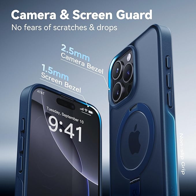 CASEKOO Ultra-Magnetic Stand for iPhone 16 Pro Case [Military Drop Protection] [Compatible with MagSafe] Shockproof Translucent Matte Slim Ring Holder Case for iPhone 16 Pro 6.3", Blue