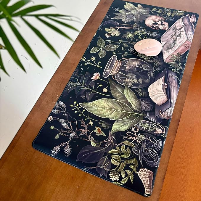 Dark Academia Desk Mat Mouse Pad XXL Extended Large Gaming Desk Pad Mousepad, Mystical Green Plant Computer Laptop Keyboard and Mouse Mat, Desktop Decor for Women Girl Office 31.5x15.7 in