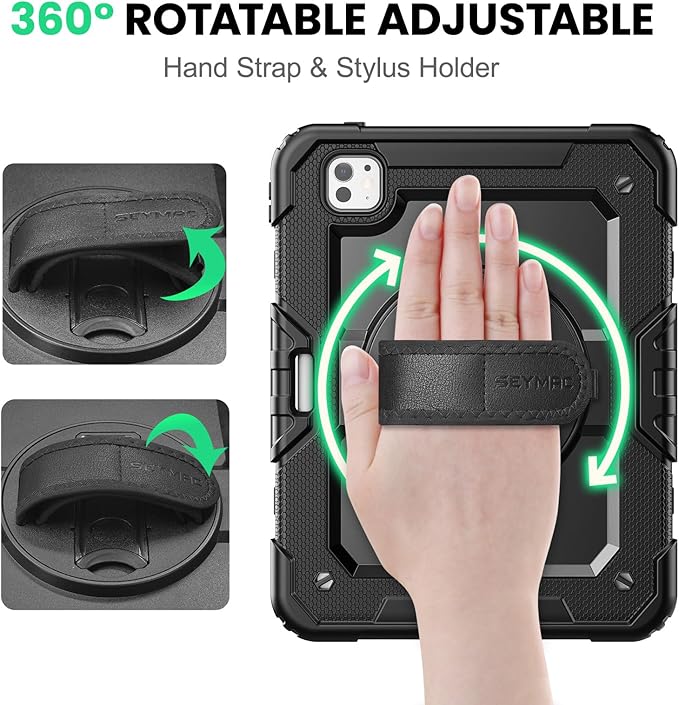 SEYMAC for iPad Pro 11 Inch Case M5 2025 / M4 2024, Heavy Duty Shockproof Protective Case with Screen Protector, 360° Rotating Stand, Hand/Shoulder Strap and Pen Holder, Black