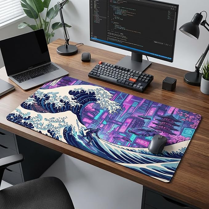 AQQA Cyberpunk Great Wave Gaming Mouse Pad - Japanese Aesthetic Large Desk Mat - XXL Extended Mousepad for Gamers, Neon Retro Wave City Art, Water-Resistant Non-Slip Rubber Base, 31.5"x15.7"