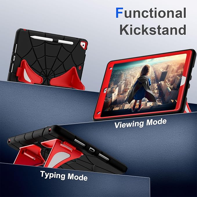DreamerX Case for iPad 9th Generation (2021) / 8th Generation (2020) / 7th Gen (2019) 10.2 Inch, Cute Fully-Body Rugged Heavy Duty Shockproof Protective Cover with Stand Strap for Kids Boys, Black/Red