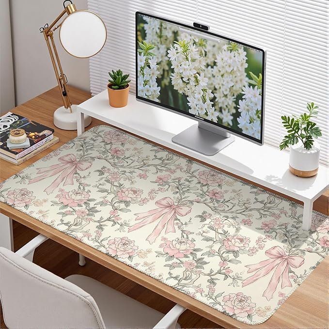 Floral Desk Mat Vintage Chinoiserie Large Mouse Pad Coquette Aesthetic Office Decor Flower Pink Bow Gaming Pad Cottagecore Desk Decor