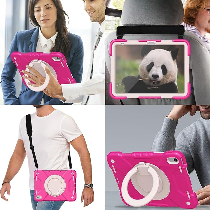 Andnary Case for iPad (A16) 11th Generation 11 inch 2025/10th Generation 10.9 inch 2022, Shockproof Cover with Screen Protector/360° Rotate Handle/Bracket/Pen Holder/Shoulder Strap (Rose Red+White)