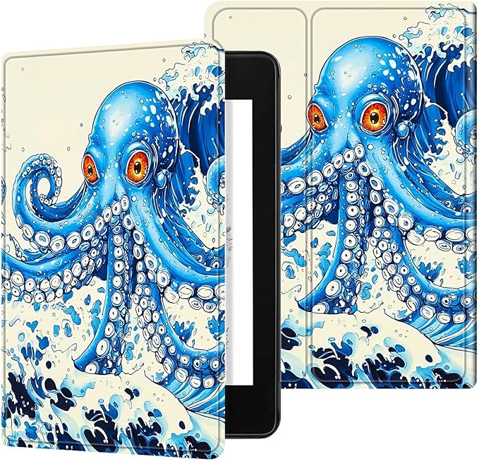 for 6" All-New Kindle Paperwhite 4 10th Generation (Model No. PQ94WIF) E-Reader Case, Slim Kickstand Stand Leather Smart Cover with Auto Wake/Sleep, Blue Octopus