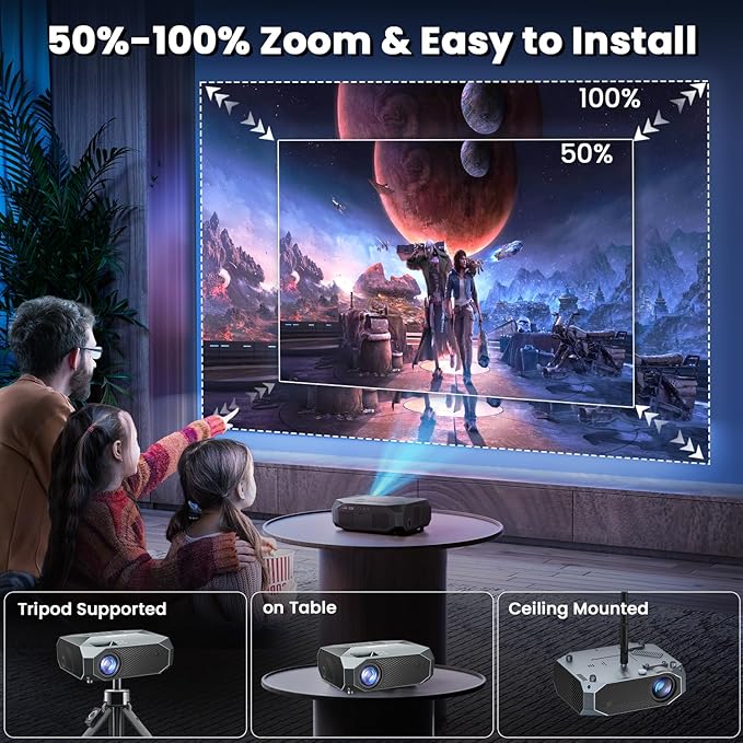 FUDONI Projector with WiFi and Bluetooth, Outdoor 4K Support 18000L Projector HD 1080P Max 300" Display, Movie Video Portable Home Theater Projector Compatible with USB/HDMI/iOS/Android/TV Stick