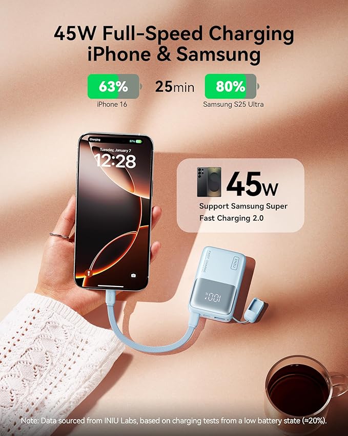 INIU Portable Charger, Ultra Mini 10000mAh 45W Fast Charging Power Bank, USB C Battery Pack with Cable, Flight-Safe Travel Powerbank for iPhone 17, Xiaomi 17 Pro, Teen Girls, Coffee Shop, Light Blue