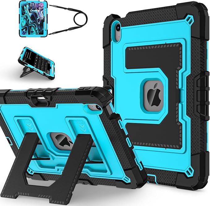 Kids Friendly Case for iPad Air 11 Inch M4 M3 M2 2026/2025/2024 Case with Pencil Holder & Shoulder Strap, Military Grade Shockproof Kickstand Hard Shell Protective Cover,Black+Blue
