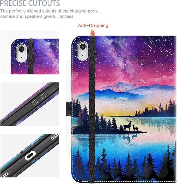 for iPad (A16) 11Th/10Th Generation Case 2025/2022, for iPad Case 11Th/10Th Generation, 10Th/11Th Gen iPadCase Cover Pencil Holder/Hand Strap/Pocket/Adjustable Stand, Starry Night Deer