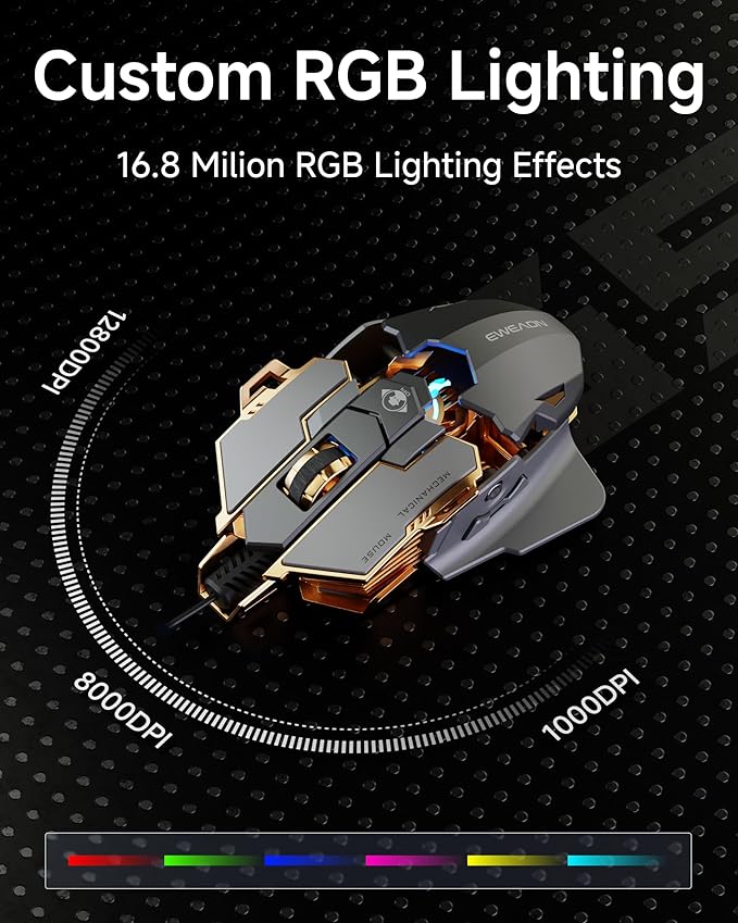 SEUNKWANG EWEADN G5 Wired Gaming Mouse, Ergonomic RGB Computer Mouse, 12800 Adjustable DPI, 9 Programmable Macro Buttons with Rapid Fire Key Compatible for PC/Laptop/Windows-Grey