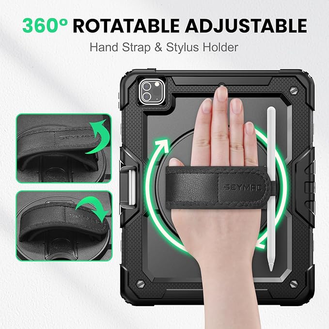 SEYMAC Case for iPad Pro 12.9 2022/2021/ 2020/2018, Heavy Duty Protection Shockproof Case with Screen Protector, 360° Rotating Stand/Handle/Shoulder Strap, Supports Pencil 2 Charging, Black