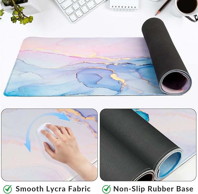 Large Gaming Mouse Pad with Coaster, Desk Matt for Desktop, Desk Pad, Mouse Pads Mat, Stitched Edges Big Extended Mousepad for Computer Keyboard Laptop Office Decor, 31.5'' x15.6''-Blue Marble