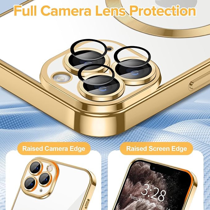 Hython Magnetic Clear for iPhone 11 Pro Case with Camera Lens Protector [Compatible with MagSafe] Luxury Plating Edge Slim Soft TPU Cover Protective Phone Case for iPhone 11 Pro 5.8", Gold