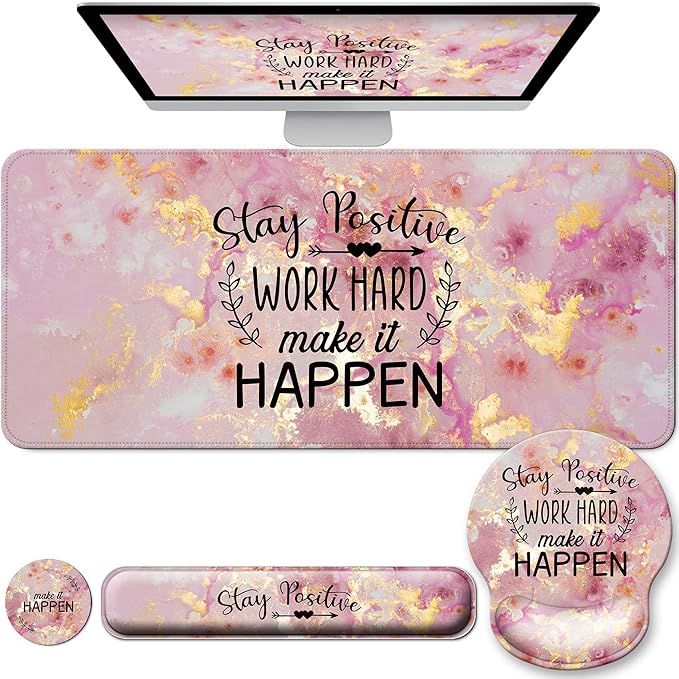 Desk Mat Set + Keyboard and Mouse Pad with Wrist Rest Support,4-in-1 Large Mousepad Computer Mats for Desktop Home & Office-Pink Positive
