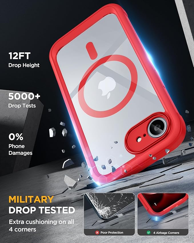 Miracase for iPhone 17e Case & iPhone 16e Case, Full-Body Phone with Built-in Glass Screen Protector, [Magnetic with MagSafe] Military Drop Proof 17 E/ 16 E Cover Bumper 6.1 inch, Red