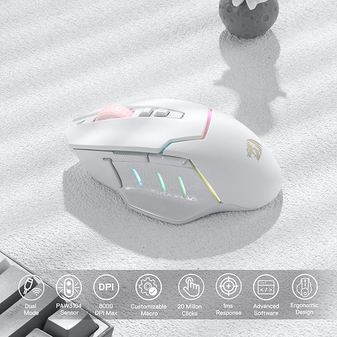 Redragon M690 PRO Wireless Gaming Mouse, 8000 DPI Wired/Wireless Gamer Mouse w/Rapid Fire Key, 8 Macro Buttons, Ergonomic Design for PC/Mac/Laptop, White