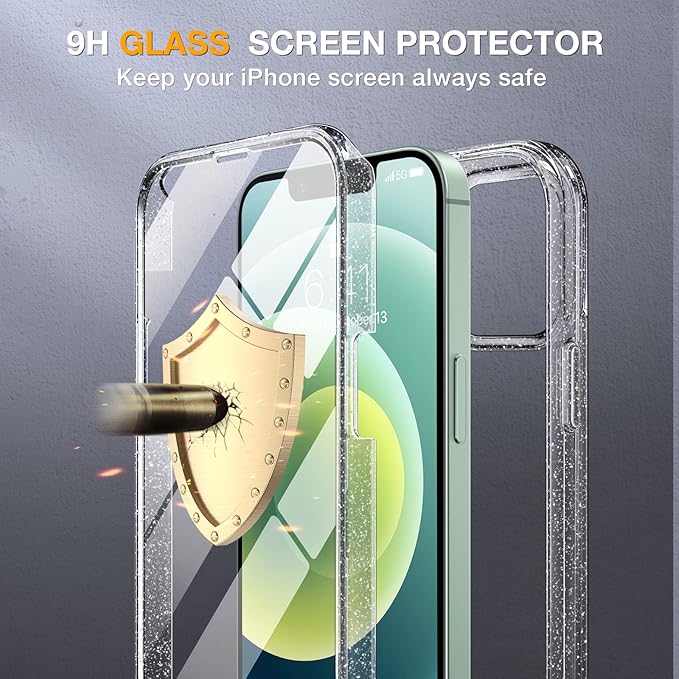 Miracase Glass Series for iPhone 12/12 Pro Case 6.1 inch, Upgraded Full-Body Rugged Phone Bumper Case Cover with Built-in 9H Tempered Glass Screen Protector and Camera Protector, Clear Glitter