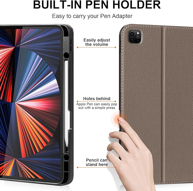 Leather Case for iPad Pro 12.9" 3-6th Gen (2018-2024), with Pencil Holder&Buckle, Auto Wake/Sleep, Adjustable Stand, Gray Brown