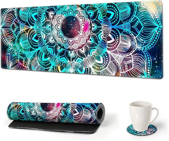AIMSA Large Gaming Mouse Pad Extended Mouse Pad with Stitched Edge, Keyboard Mouse Mat Non-Slip Rubber Base Desk Pad 31.5x11.8 inch for Office Home Game Work, Mandala