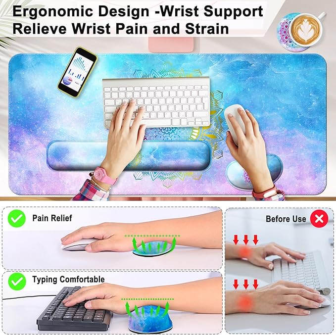 Keyboard Wrist Rest + Mouse Pad with Wrist Support + Desk Mat + Coaster 4 in 1 Set, XXL Large Gaming Mousepad Cute Ergonomic Mouse Pads for Desk Computer Laptop Office Decor-Star Mandala