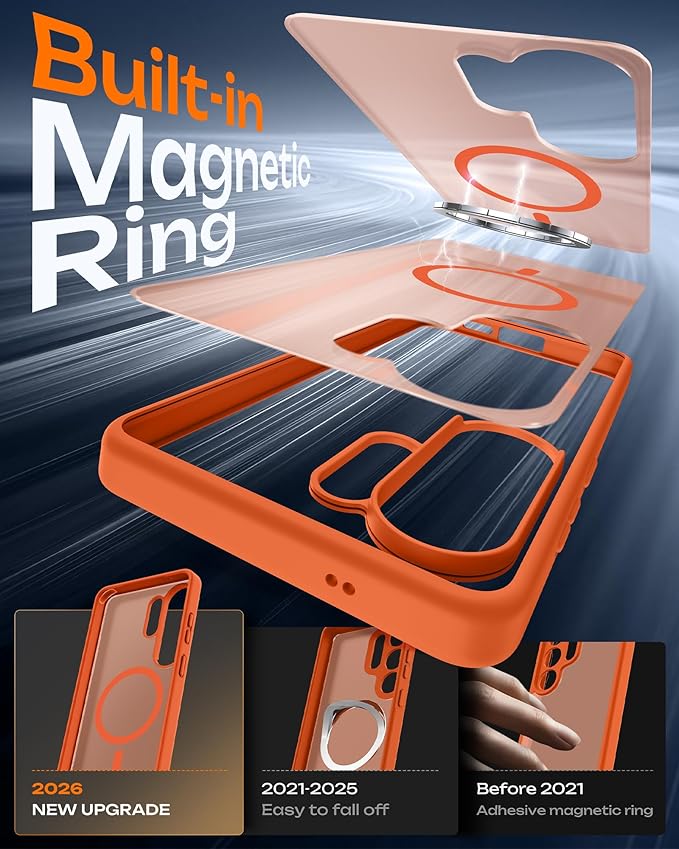 TOCOL for Samsung Galaxy S26 Ultra Case, Built-in Magnetic Ring, Drop Protection, Slim Translucent Matte Phone Case for Galaxy S26 Ultra 6.9 inch (Orange)