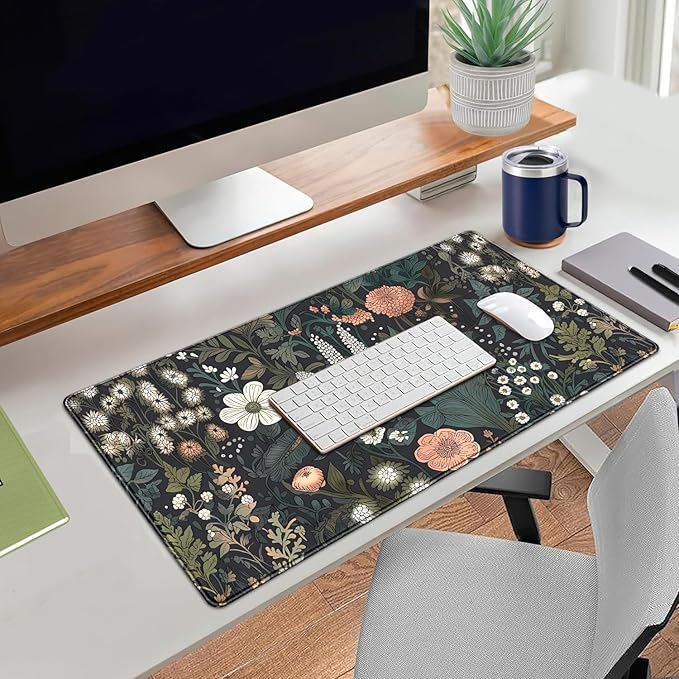 Dark Flower Desk Mat Floral Plants Mouse Pad Boho Aesthetic Wildflowers Large Gaming Mousepad Desk Pad, XXL Keyboard Mouse Mat Full Desktop Mat Women Office Desk Accessories 31.5"x15.7"