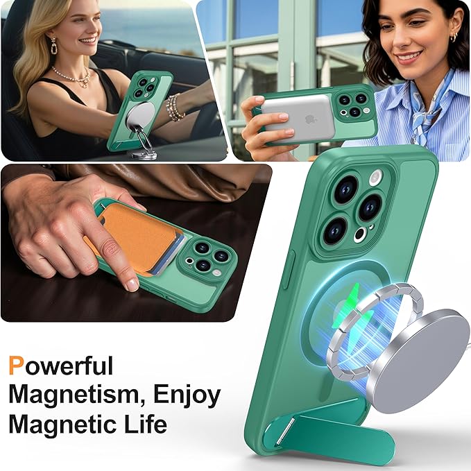 Magnetic Compatible with iPhone 13 Pro Case, [Built-in Kickstand][Full Camera Protection][Compatible with MagSafe][Anti-Fingerprint] Shockproof Phone Case for iPhone 13 Pro 6.1",BLue Green