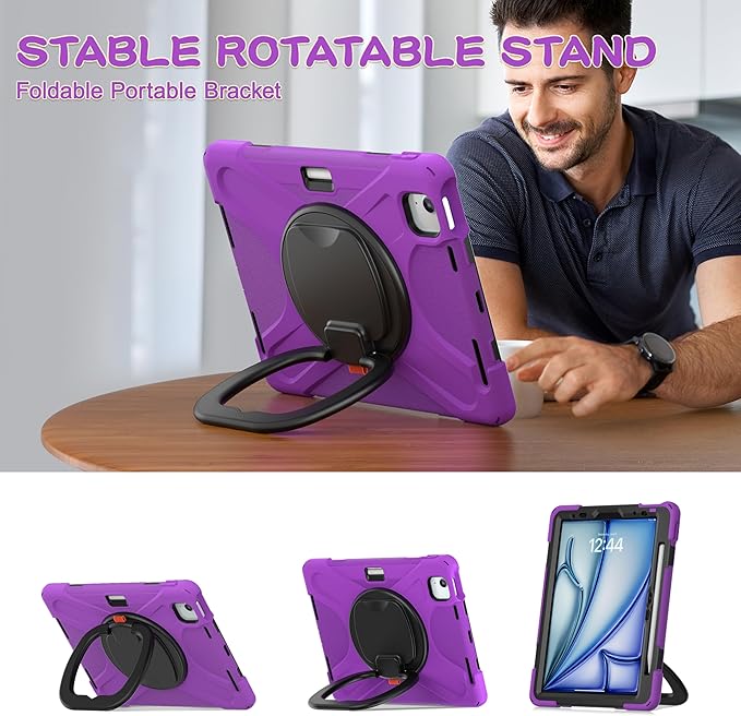 SCSVPN Case for iPad Air 11 Inch M4/M3/M2 (2026/2025/2024), iPad Air 10.9'' 5th/4th Gen 2022/2020, iPad Pro 11 4th/3rd/2nd/1st Gen, Protective Kids Case with Pen Holder, Stand, Shoulder Strap, Purple