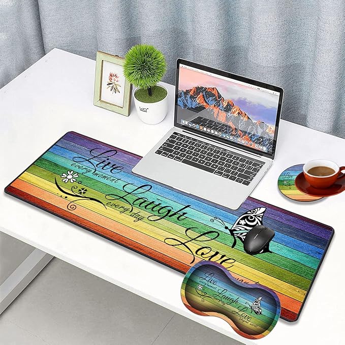 3 Piece Mouse Pad Set with Stitched Edge Large Anti-Slip Mouse Pad Desk Pad Keyboard Pad + Wrist Rest Pad + Coaster, Memory Foam Wrist Rest for Office/Home, Glitter Quote Live Laugh Love