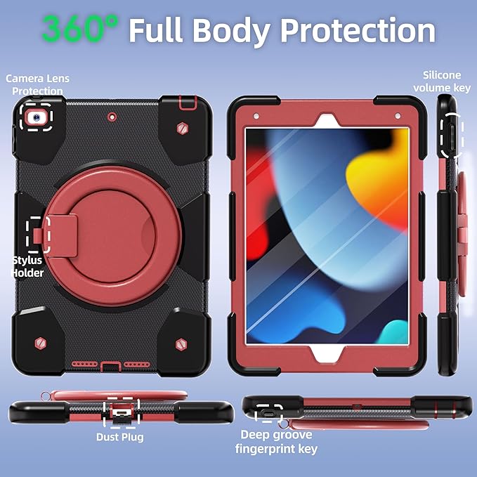 Andnary Case for iPad 9th/8th/7th Generation 10.2 inch, Shockproof Cover with Screen Protector/360° Rotate Stand/Pencil Holder/Shoulder Strap, Kids Case for iPad 2021/2020/2019 (Black+Red)