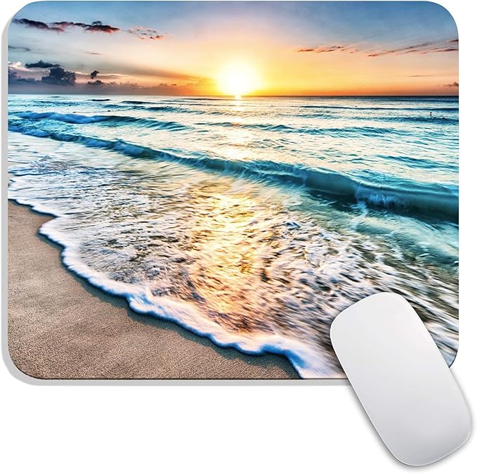Square Mouse Pad Beach Sunset, Personalized Premium-Textured Custom Mouse Mat Design, Washable Mousepad Cloth, Non-Slip Rubber Base Computer Mouse Pads for Wireless Mouse