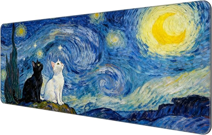 Thin Extended Gaming Mouse Pad （31.5 * 11.8 * 0.08 inch） with Stitched Edges Large Mousepad Long XXL Keyboard and Mouse pad Desk Mat for Gaming Office & Home - Starry Night Cat
