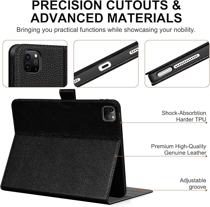 Genuine Leather Case for iPad Pro 11 Inch 4th/3rd/2nd/1st Generation 2022/2021/2020/2018 | with Pencil Holder and Adjustable Stand, Magnetic Closure, Auto Wake/Sleep Cover | Black