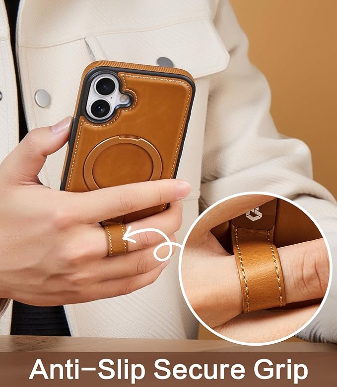 Butaiga for iPhone 17 Leather Case with Stand, Anti-Slip Grip Ring, Fits for MagSafe (Brown, iPhone 17)