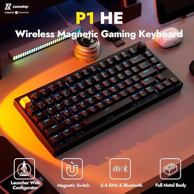 LEMOKEY P1 HE 75% Wireless Custom Mechanical Gaming Keyboard with Gateron Double-Rail Magnetic Switches Knob Version, QMK 2.4 GHz Bluetooth 5.2 RGB Backlight Compatible with Mac Windows Linux-Black