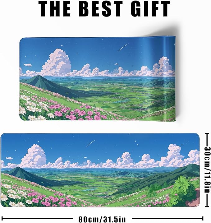 Desk Pad Gaming Mouse Pad Large for Desk Computer Pc Laptop Office Decor,Blue Sky Flowers and Plants Anime Keyboard Pad Stitched Edges Non-Slip Rubber Mat (31.5x11.8 in)