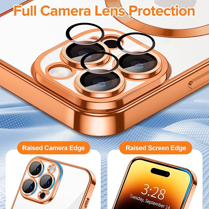 Hython Magnetic Clear for iPhone 14 Pro Max Case with Camera Lens Protector [Compatible with MagSafe] Plating Edge Slim Soft TPU Cover Protective Phone Case for iPhone 14 Pro Max 6.7", Orange