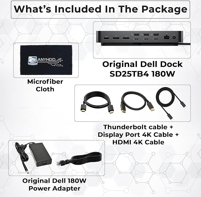 Dell SD25TB4 Pro Thunderbolt 4 Smart Dock - Supports 8k Display, 3 Years Warranty with 180W Adapter, HDMI, DisplayPort, Thunderbolt Cable, Cloth - USB C Docking Station Hub with Accessories