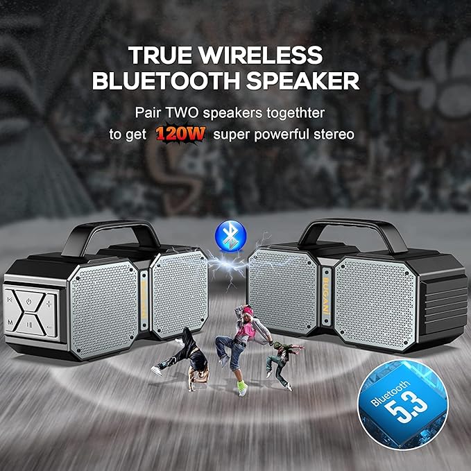 BUGANI Shock Bluetooth Speaker, Portable Bluetooth 5.3, Waterproof, 60W Super Power, Outdoor Speaker, Black(New Model)