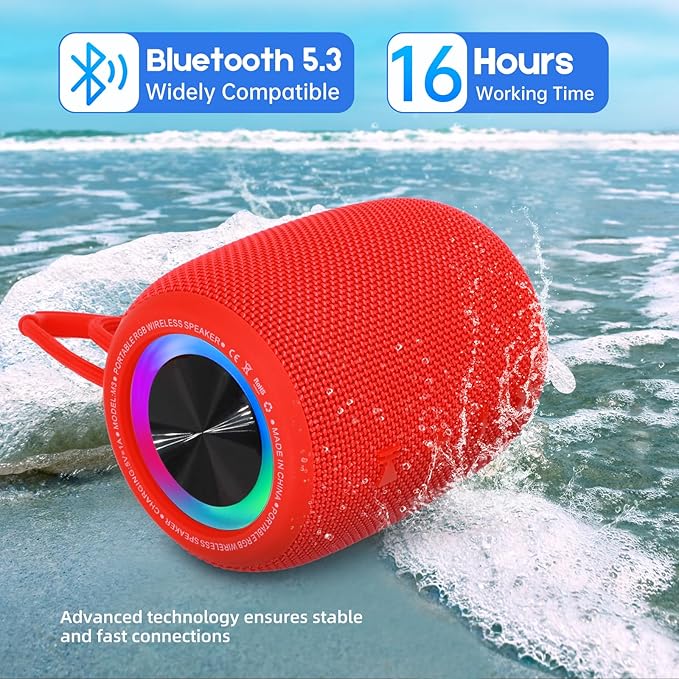 Portable Bluetooth Speaker, BT5.3 Wireless Speaker 20W Bass Diaphragms with Multi LED Light Dynamic Modes, IPX6 Waterproof 16H Playtime supports FM Mode, TF, USB for Home, Cycling, Outdoor, Beach