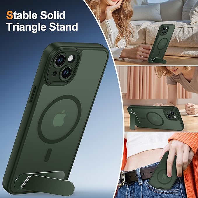 Magnetic Compatible with iPhone 15 Plus Case, [Built-in Kickstand][Full Camera Protection][Compatible with MagSafe][Anti-Fingerprint] Shockproof Phone Case for iPhone 15 Plus 6.7",Green