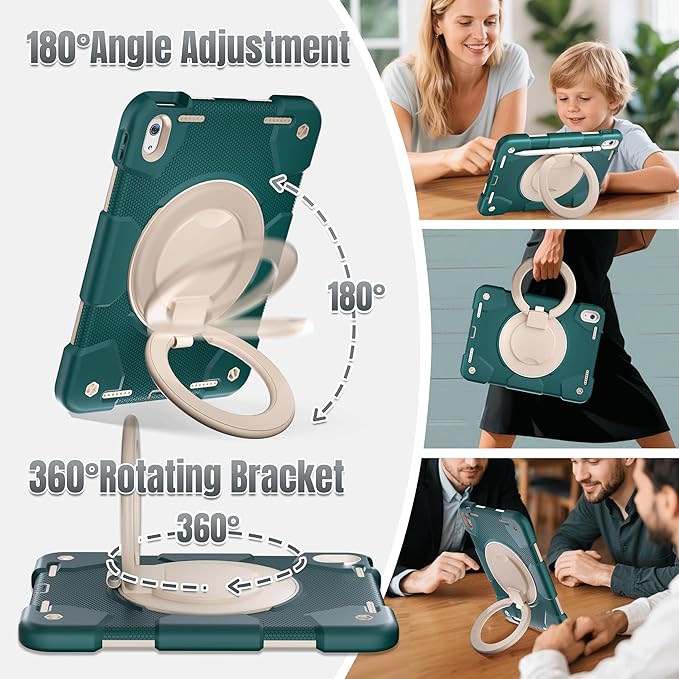 Andnary Case for iPad (A16) 11th /10th Generation 11/10.9 Inch 2025/2022 with Screen Protector/360° Rotate Stand/Shoulder Strap/Pencil Holder, Shockproof iPad 11th/10th Gen Cover (Green+White)