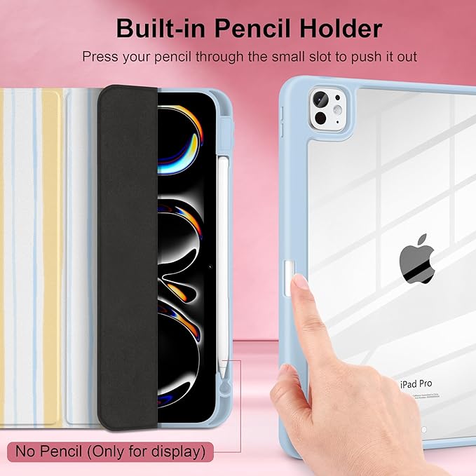 Case for iPad Pro 11 Inch (M5 2025 M4 2024) – [Built-in Pencil Holder], Shockproof & Stylish, Clear Hard Back + Soft TPU Edge, Magnetic Trifold Stand, Auto Wake/Sleep, Watercolor Stripes