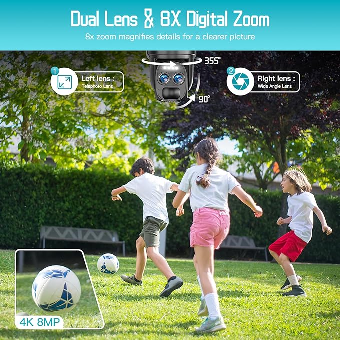 4K Dual Lens Solar Security Cameras Wireless Outdoor, 2.4G/5Ghz WiFi 6 Security Camera, 355° Pan/Tilt Home Security Camera with 8MP Color Night Vision, PIR Motion Detection, Auto Tracking, Alexa
