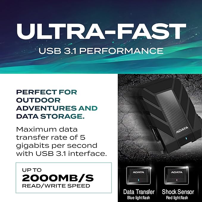 ADATA HD710 Pro - 2 TB External Hard Drive - Shockproof, Waterproof & Dustproof - Durable Storage - For Gamers, Students & Professionals - Mac, PC & Linux Compatible - Black - AHD710P-2TU31-CBK