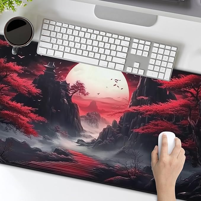 Black Red Japanese Mouse Pad XXL Moon Sakura Cherry BLoosm Tree Extended Table Mat 90X40 cm Non-Slip Rubber Base Stitched Edge Large Mousepad for Gaming Laptop Computer Desk Top 35.4×15.7 Inch