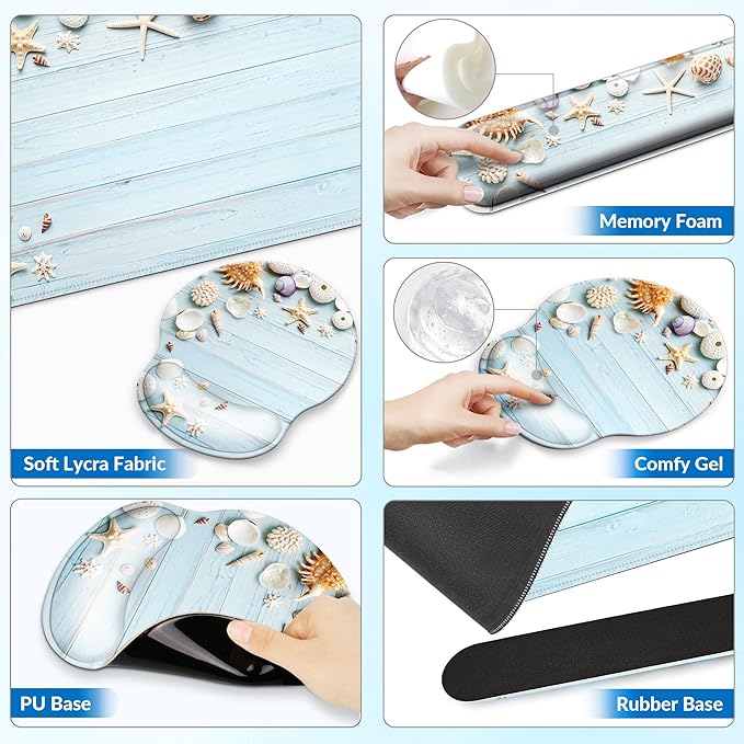 Desk Mat Set + Keyboard and Mouse Pad with Wrist Rest Support,4-in-1 Large Mousepad Computer Mats for Desktop Home & Office-Blue Shells