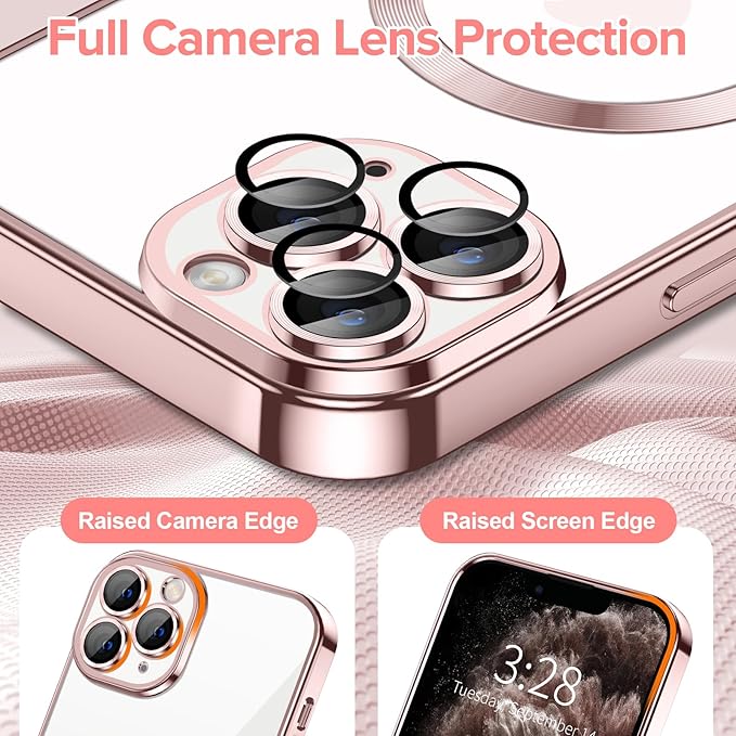 Hython Magnetic Clear for iPhone 11 Pro Max Case with Camera Lens Protector [Compatible with MagSafe] Plating Edge Slim Soft TPU Cover Protective Phone Case for iPhone 11 Pro Max 6.5", Pink