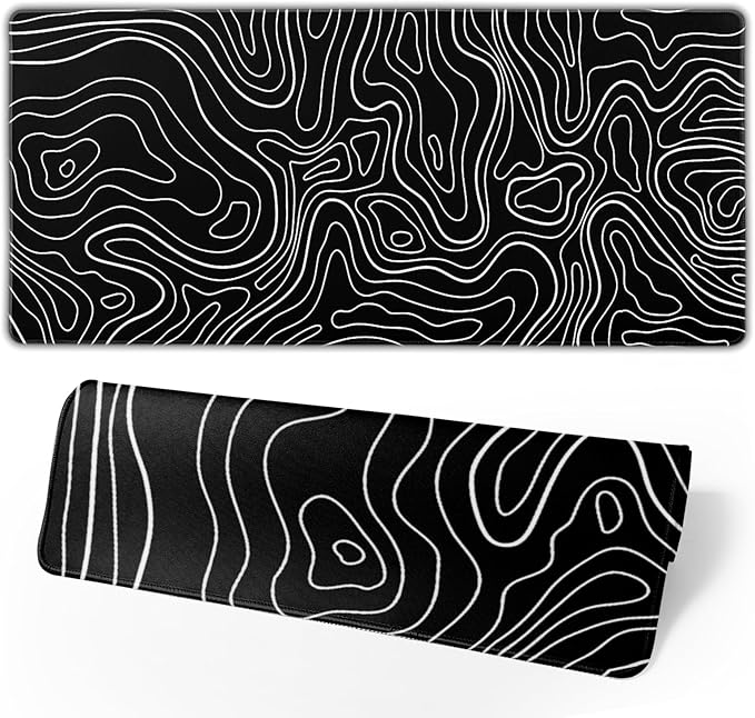 Kawani Topographic Contour Gaming Mouse Pad XL,Large Black Mouse Mat Desk Pad 31.5/inch x 11.8/inch,Extended Stitched Anti-Slip Base Long Computer Keyboard Mousepad Home Laptop Game Office Work