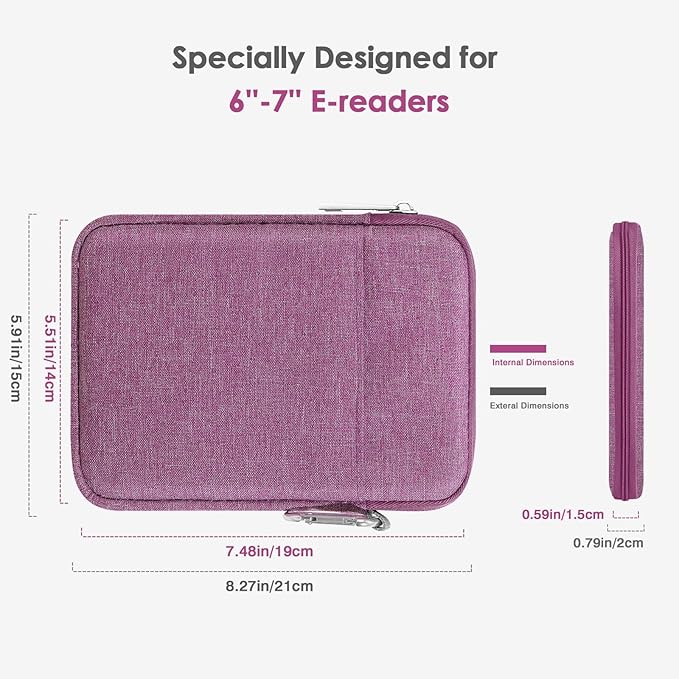 MoKo Padded Ereader Sleeve Case for 6-7 inch Ereader Tablet Bag Protective Cover Pouch with a Carabiner, Compatible with 7" Colorsoft Signature Edition 2024, Purple