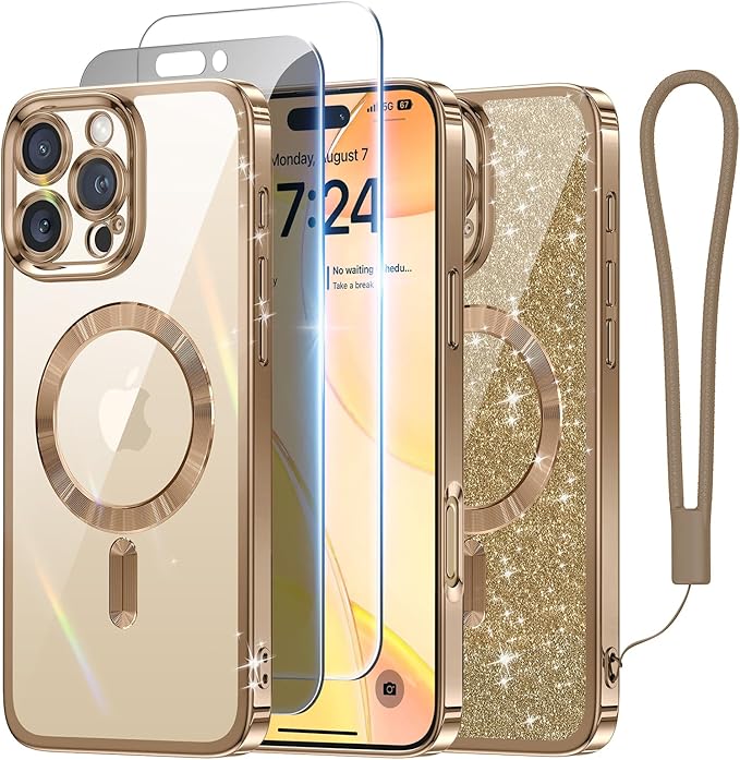 Meifigno Designed for iPhone 16 Pro Case 6.3", [Glitter Card&Wrist Strap] [Compatible with MagSafe] [1X HD+1X Privacy Screen Protectors] Full Lens Protection Designed for 16 Pro Case, Desert Titanium